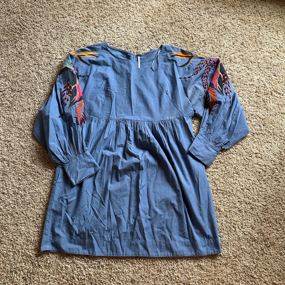 Blue Dress with Colorful Embroidered Sleeves
